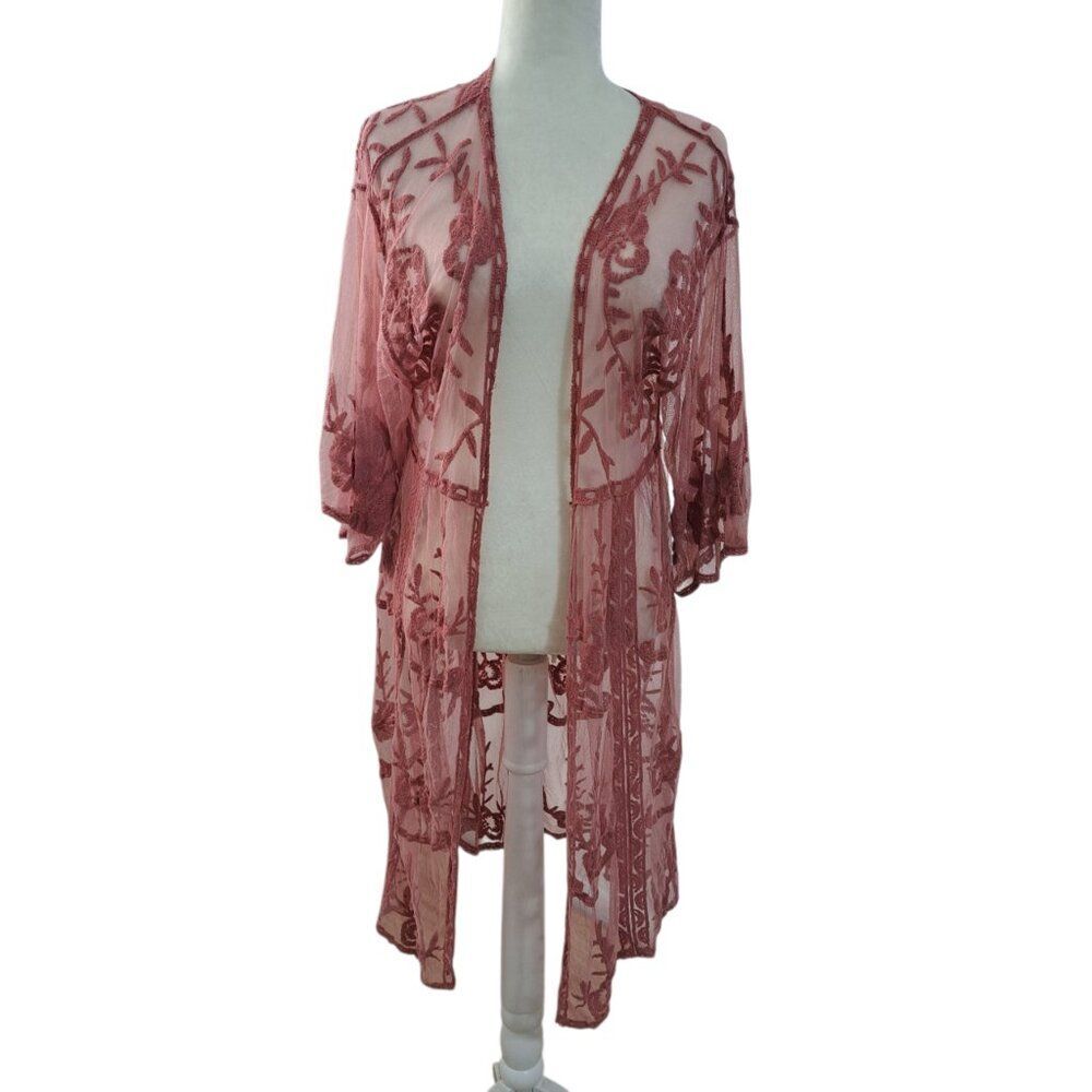 Lauren Conrad Women's Dusty Rose Lace Mesh Duster open Cover  OS